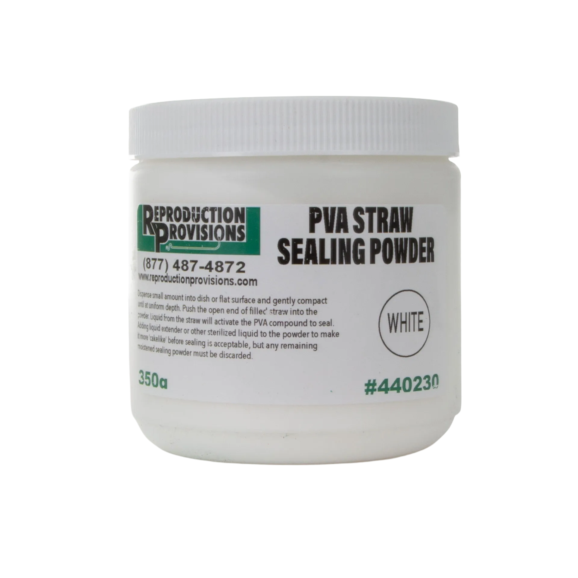 PVC Straw Sealing Powder, White,"White plastic jar with screw-top lid, front label view"