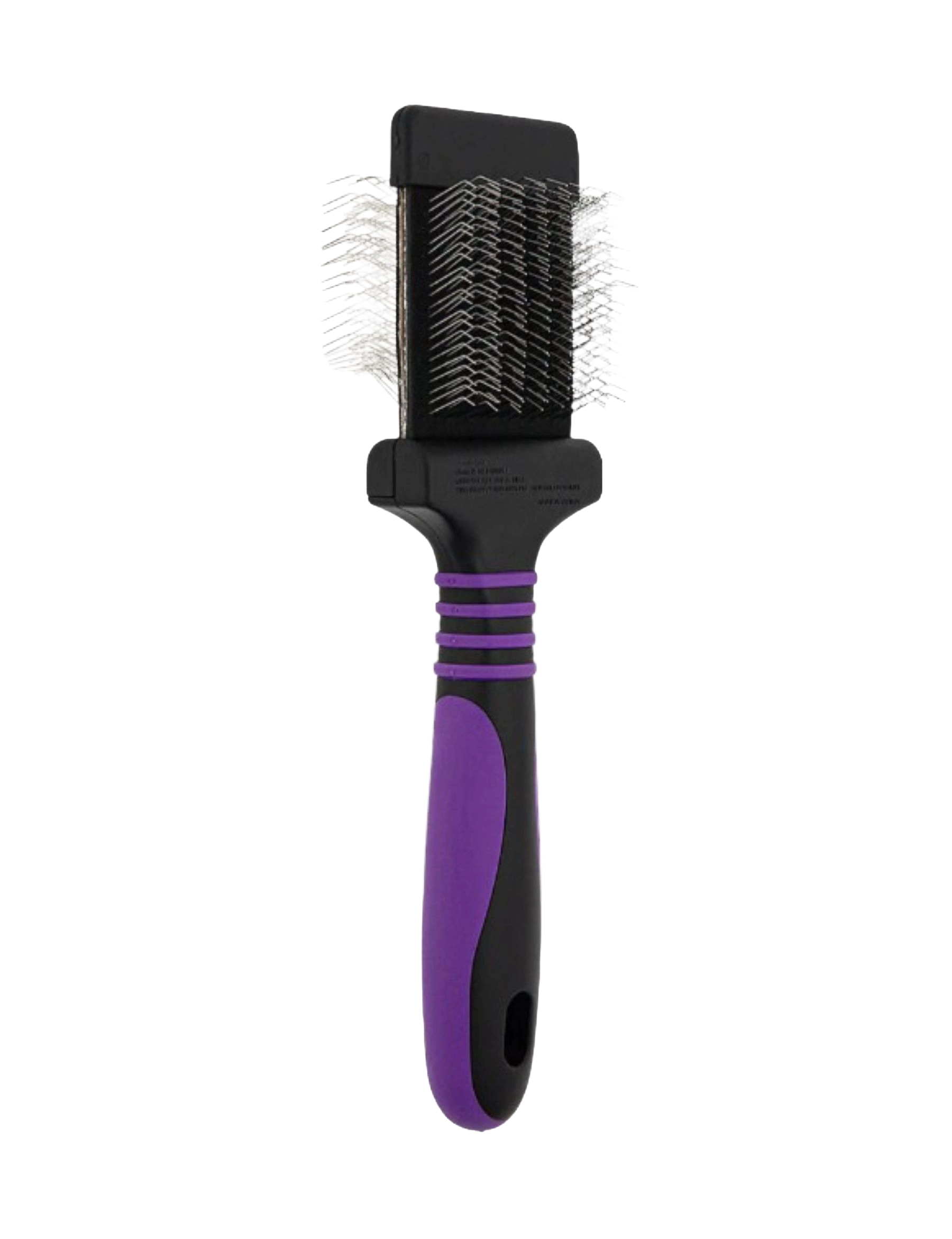 Mini Slicker Brush,"Black slicker brush with purple grip and angled wire bristles"