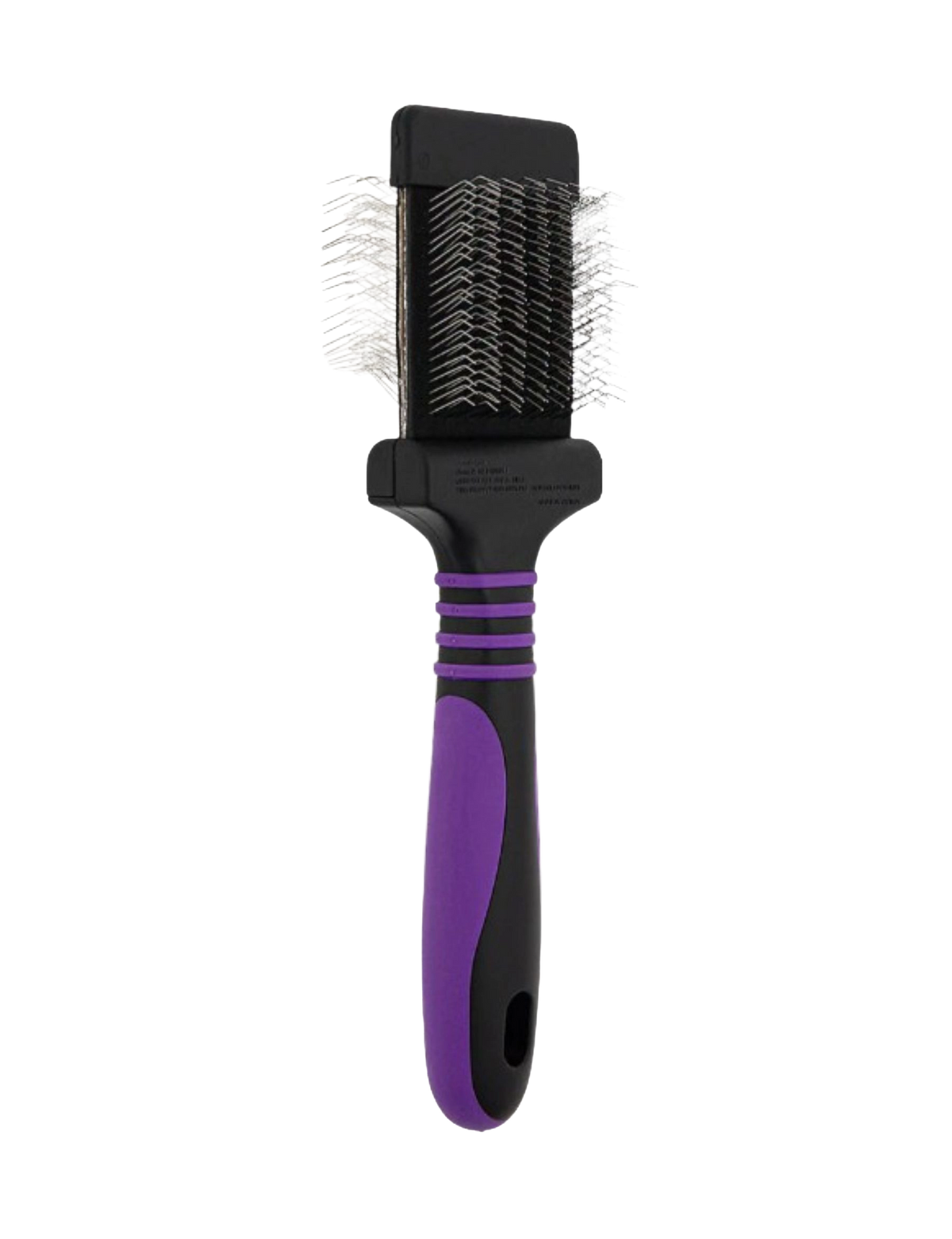 Mini Slicker Brush,"Black slicker brush with purple grip and angled wire bristles"