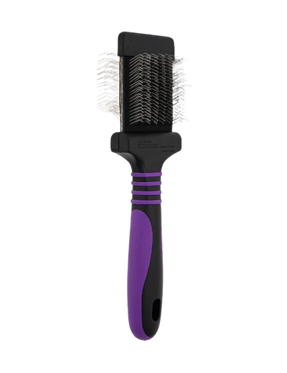 Mini Slicker Brush,"Black slicker brush with purple grip and angled wire bristles"