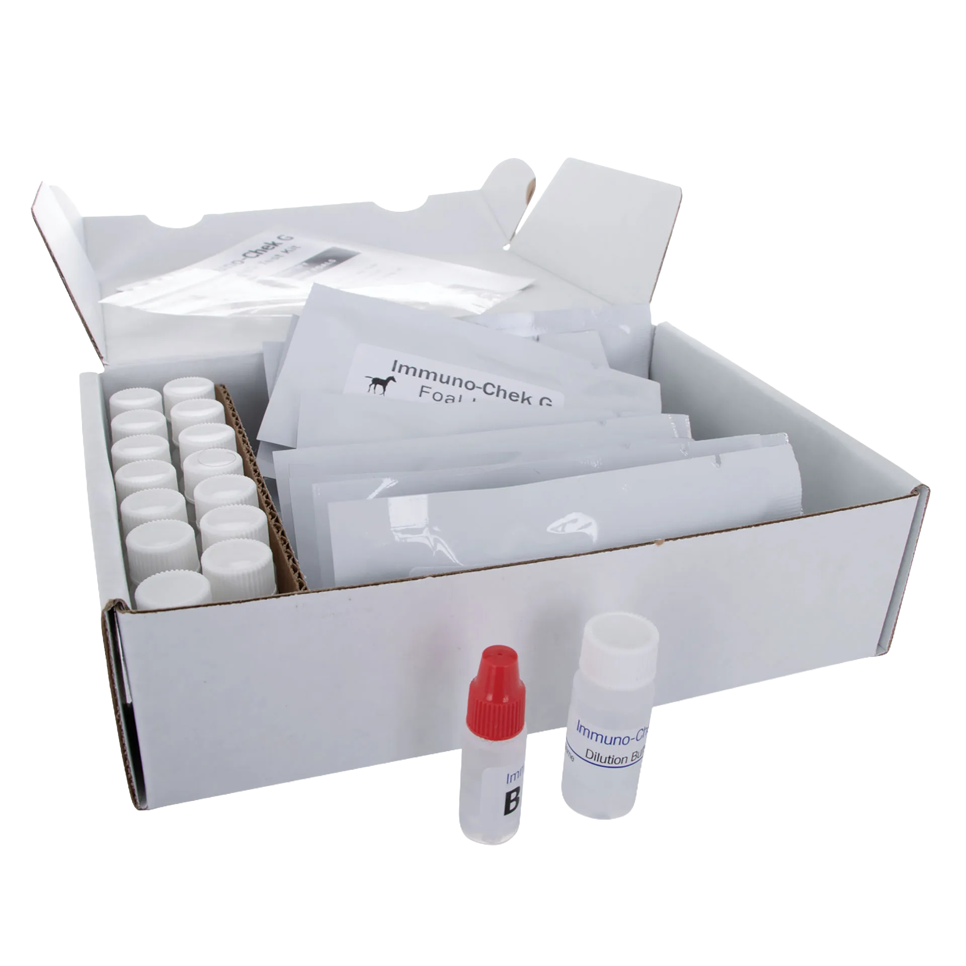 IgG Immunocheck,"Open test kit box with vials and foil packets"