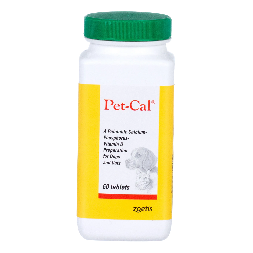 Pet-Cal® Tablets,"White bottle with green cap and yellow label"