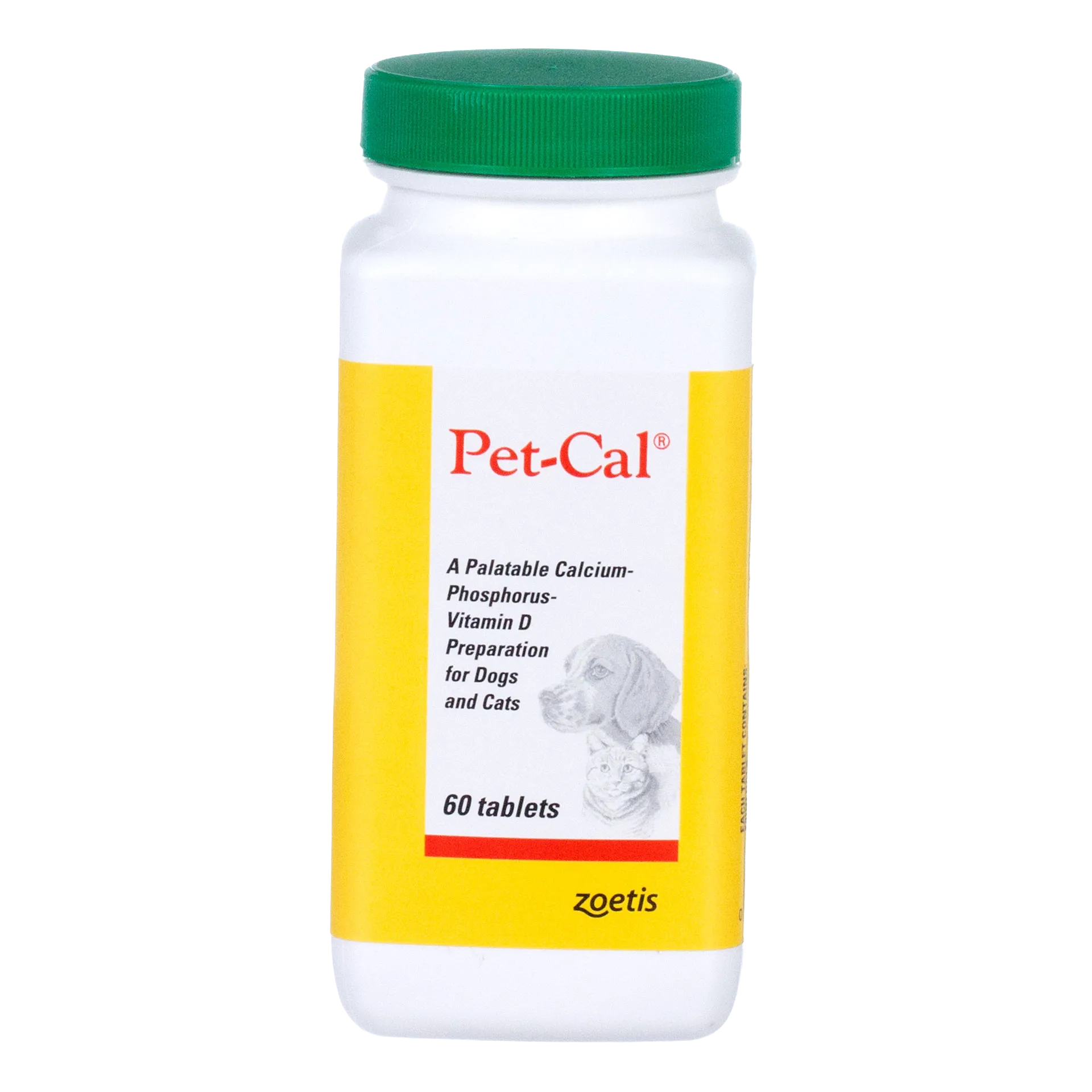 Pet-Cal® Tablets,"White bottle with green cap and yellow label"
