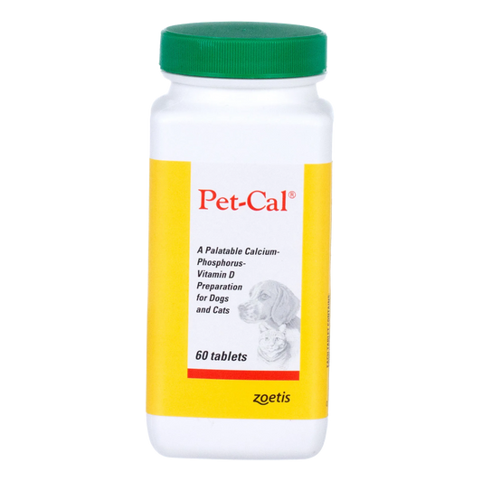 Pet-Cal® Tablets,"White bottle with green cap and yellow label"