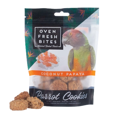 Caitec Oven Fresh Bites Parrot Cookies,"Bag of parrot cookies with cookie pieces in front"