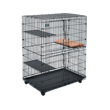 Midwest® Collapsible Cat Playpen,"Wire cat playpen with shelves, cushion, and caster base"