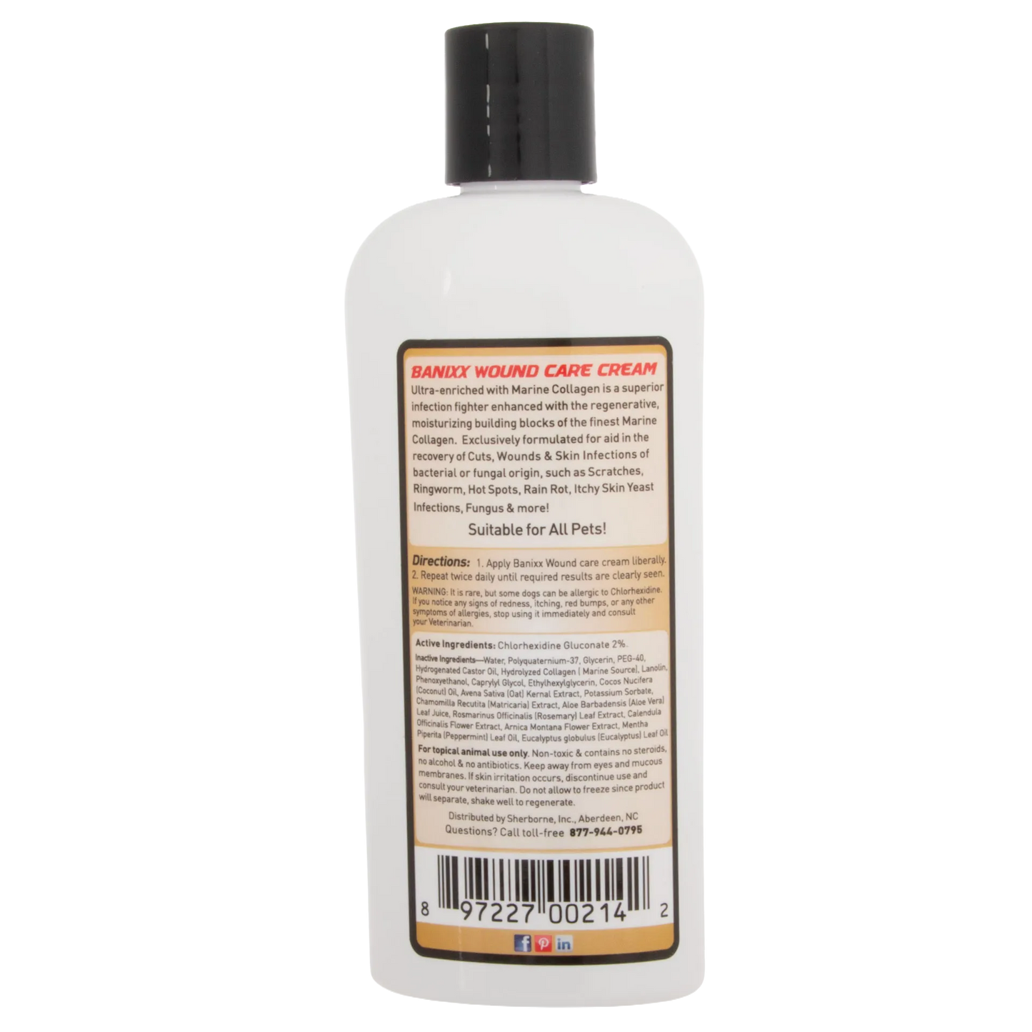 Banixx® Wound Care Cream,"Back view of white bottle with black cap and rear label"
