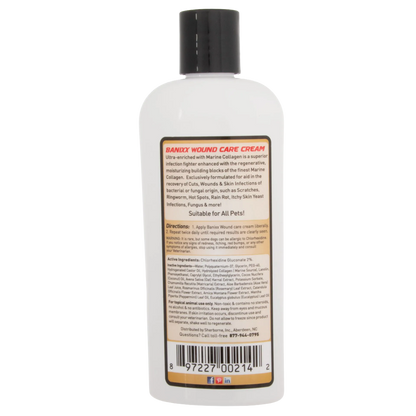 Banixx® Wound Care Cream,"Back view of white bottle with black cap and rear label"
