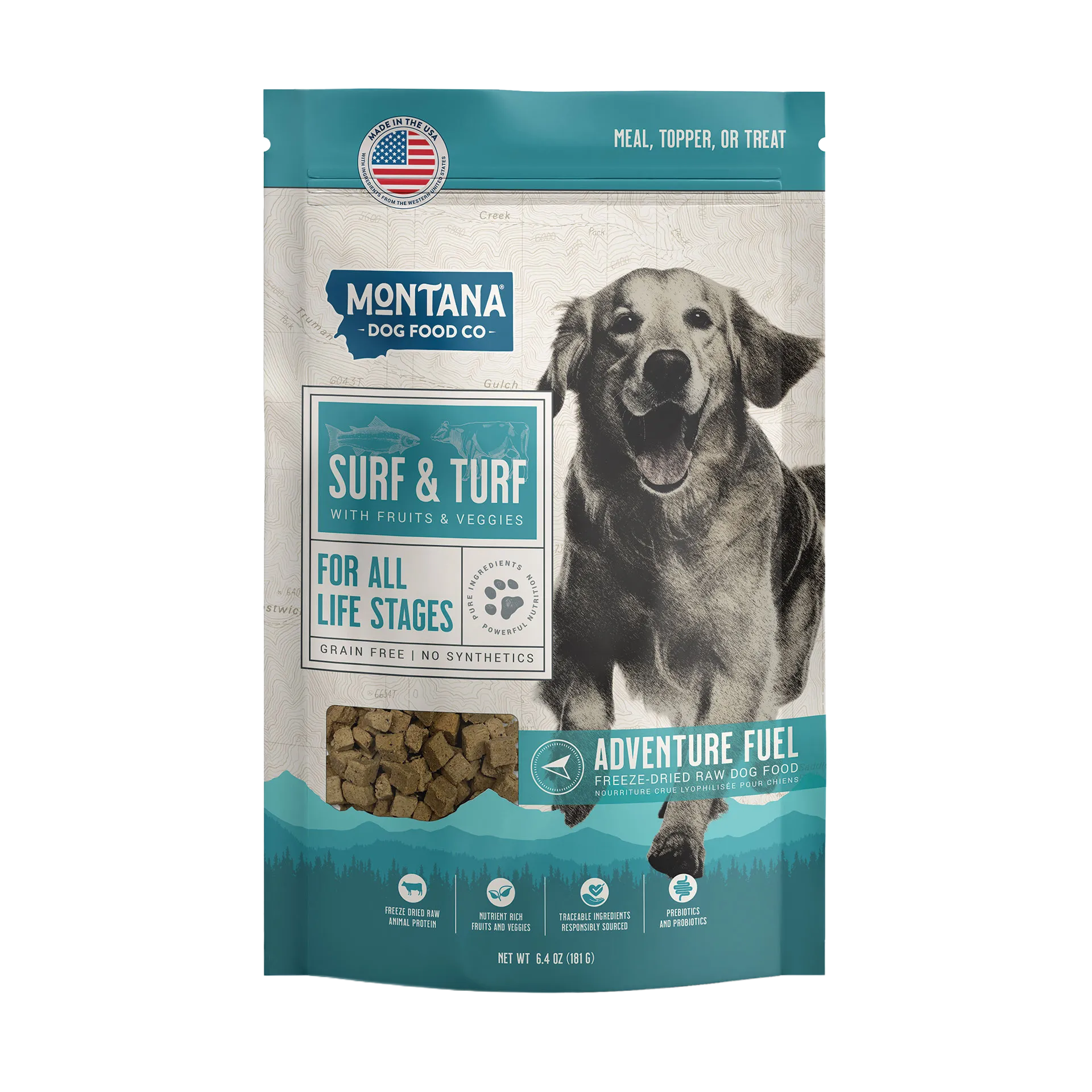 Adventure Fuel: Freeze-Dried Raw Dog Food,"Front of dog food pouch with dog image and kibble window"