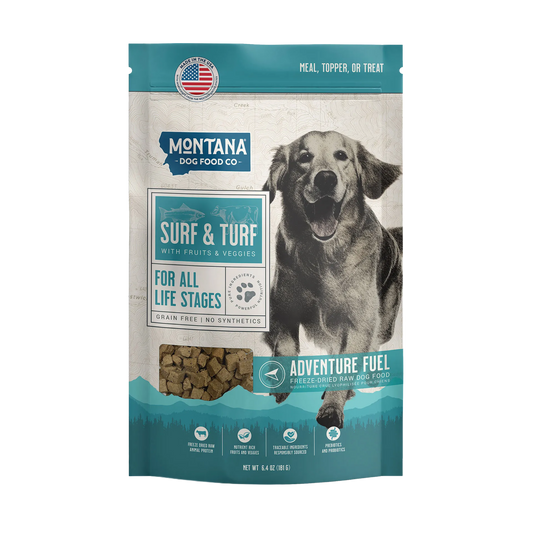 Adventure Fuel: Freeze-Dried Raw Dog Food,"Front of dog food pouch with dog image and kibble window"