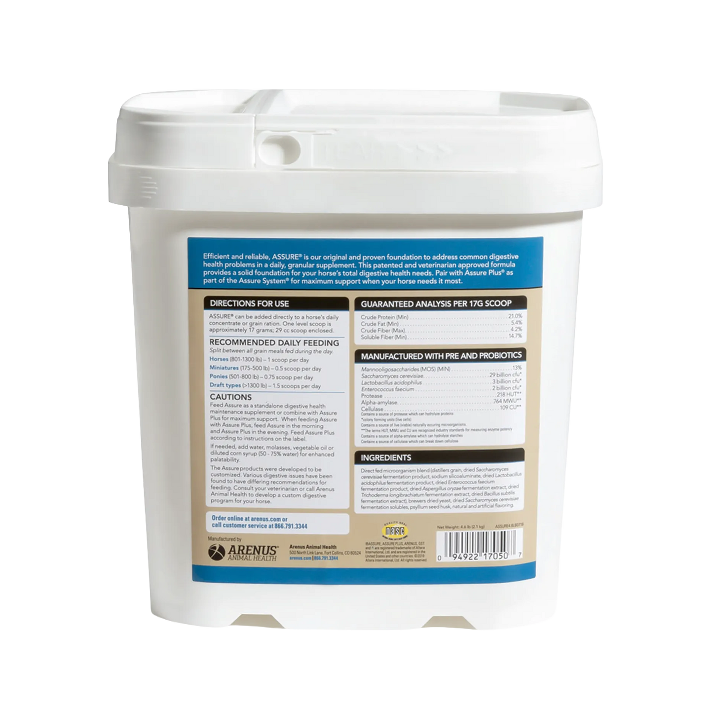 Assure®,"White plastic supplement tub with lid, back label view"