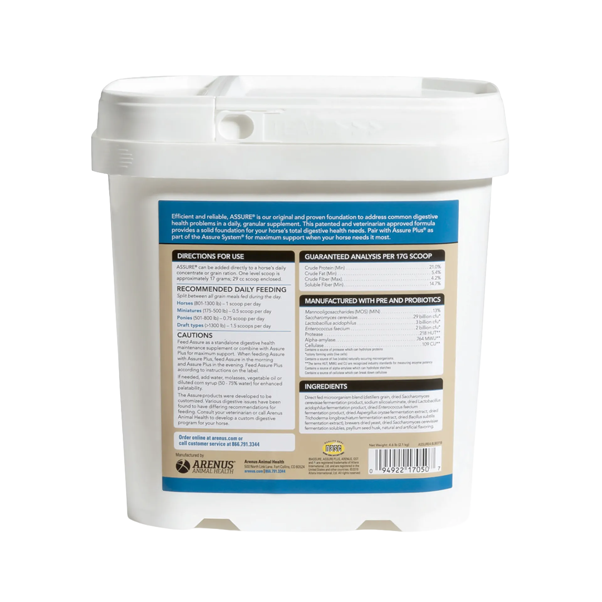 Assure®,"White plastic supplement tub with lid, back label view"