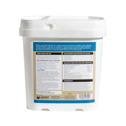 Assure®,"White plastic supplement tub with lid, back label view"
