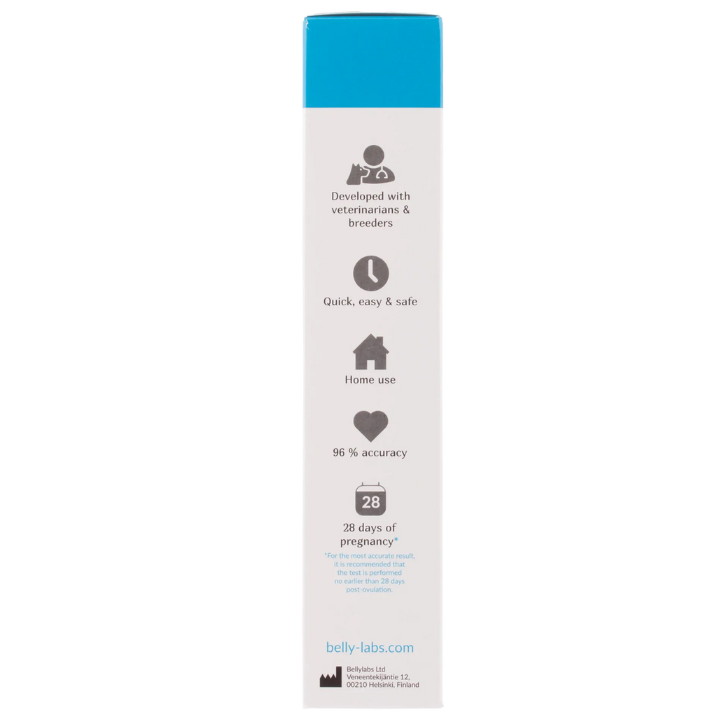 BellyLabs® Canine Pregnancy Test,"Side view of product box with blue top panel and feature icons"