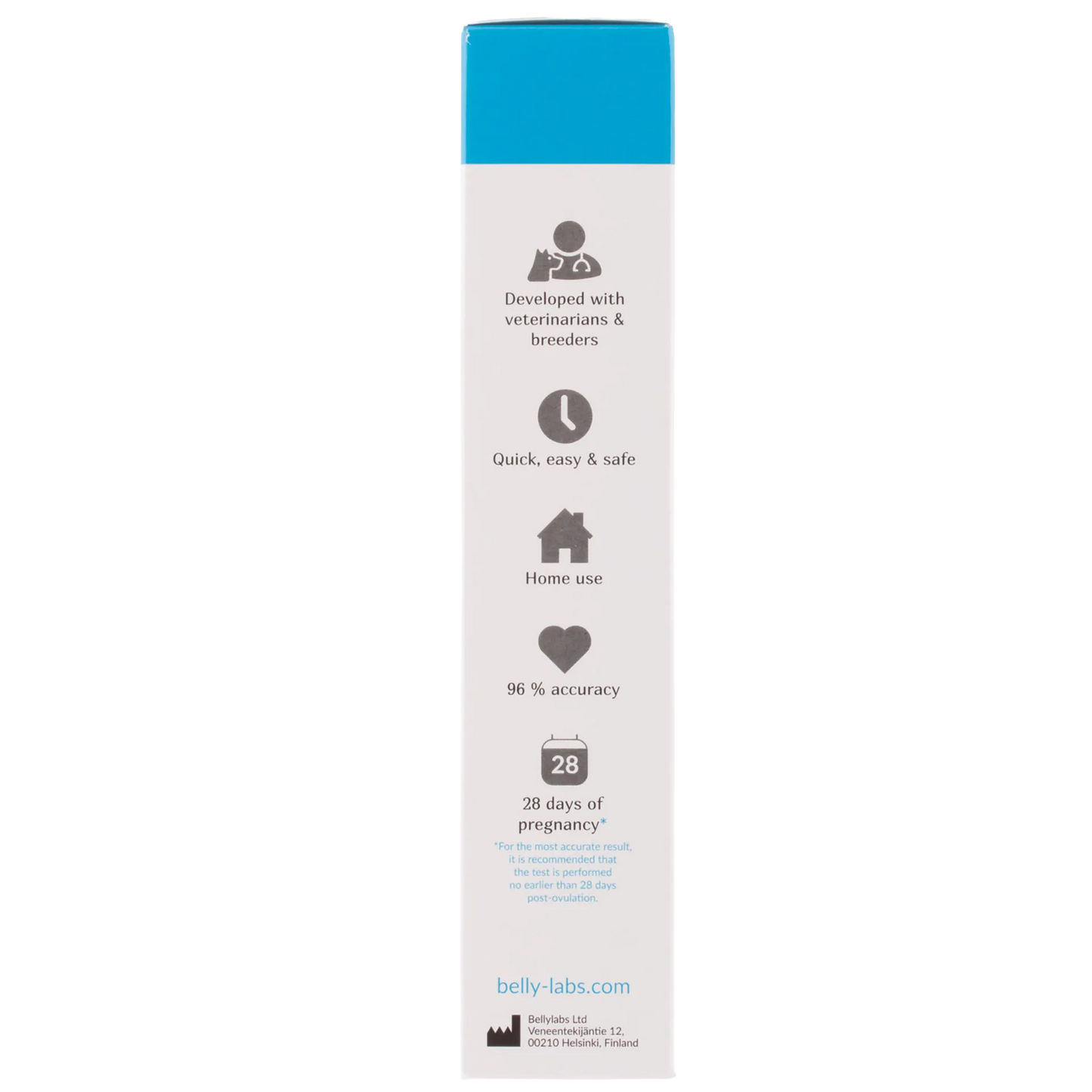 BellyLabs® Canine Pregnancy Test,"Side view of product box with blue top panel and feature icons"