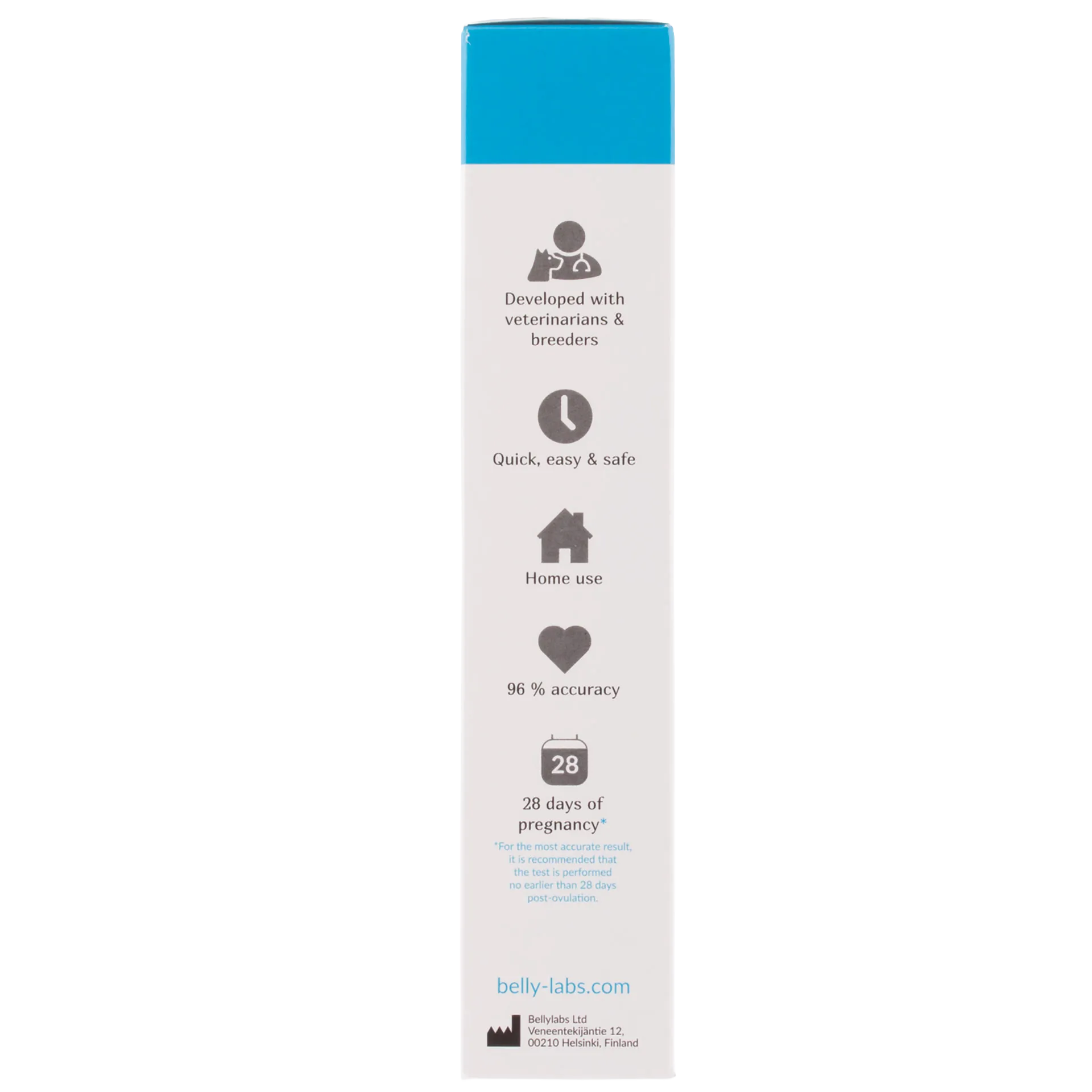 BellyLabs® Canine Pregnancy Test,"Side view of product box with blue top panel and feature icons"