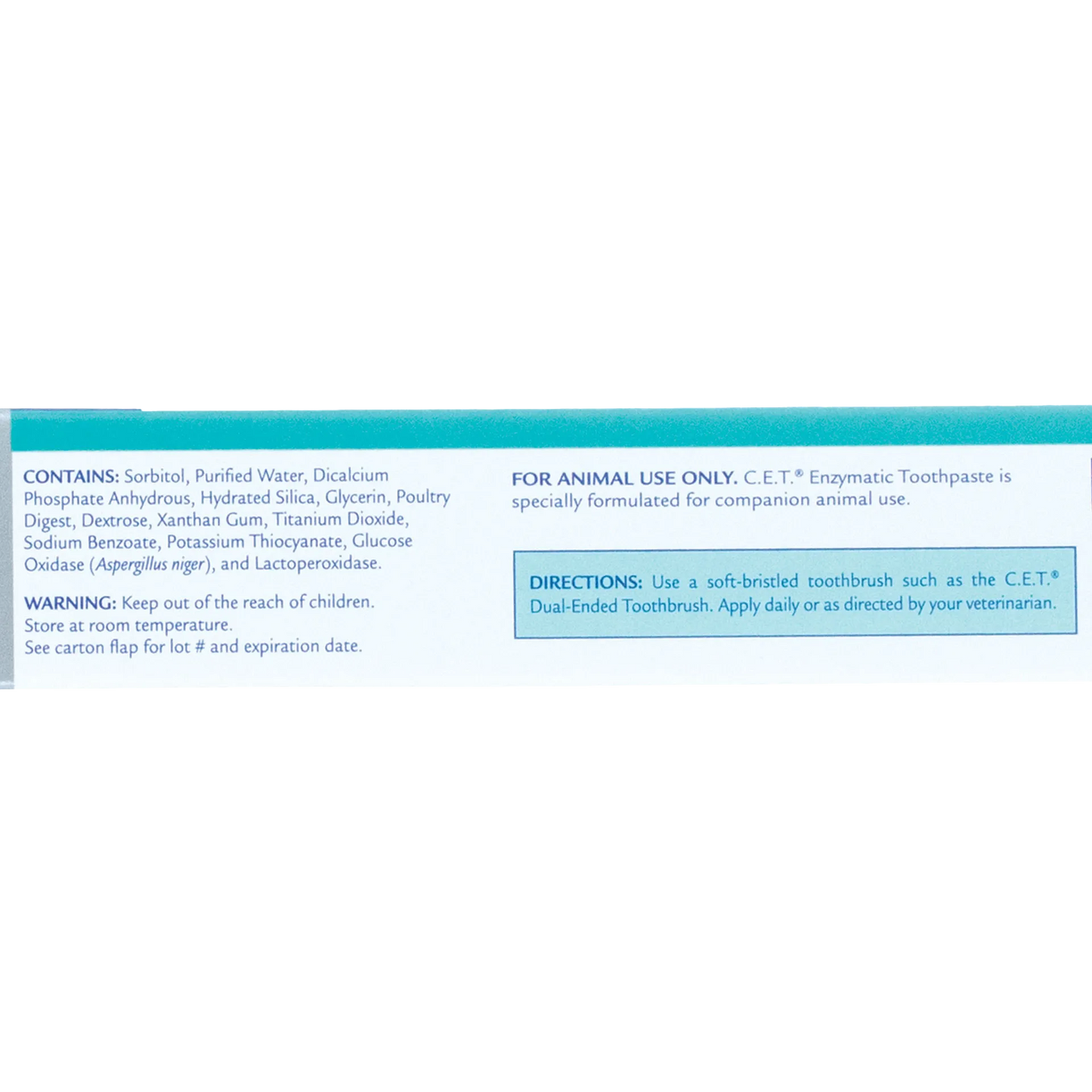 C.E.T.® Enzymatic Toothpaste,"Side view of toothpaste box with ingredients and directions panel"