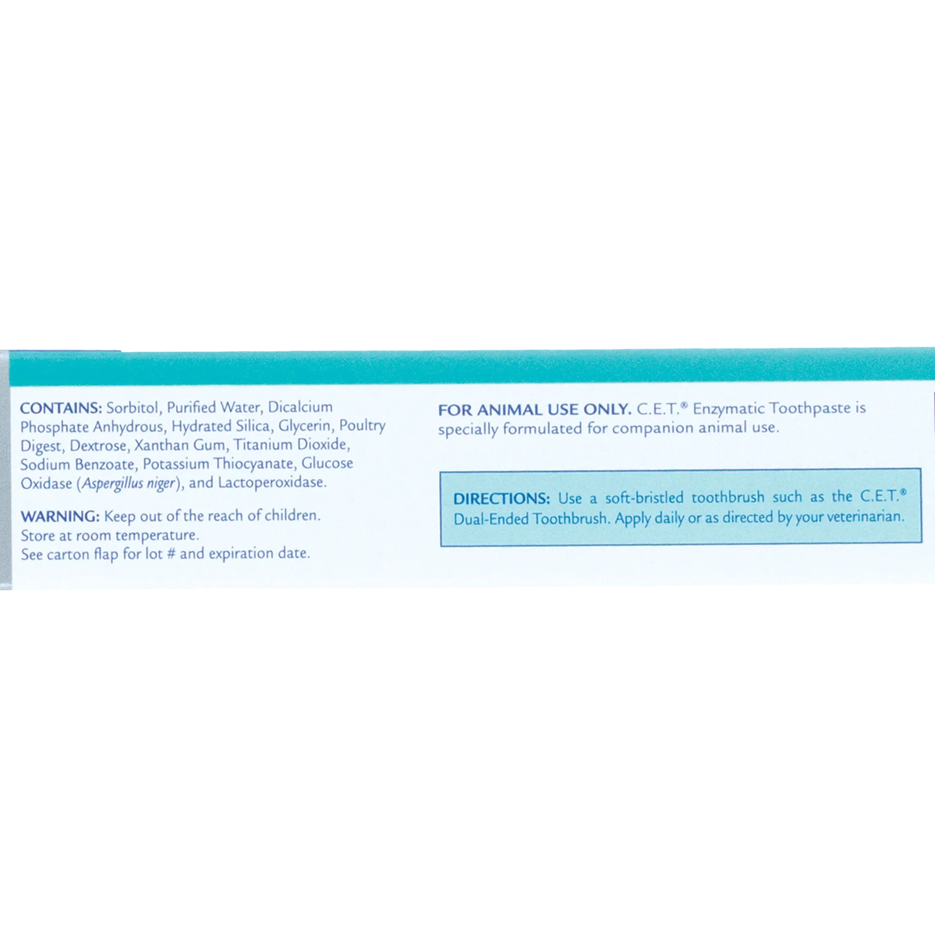 C.E.T.® Enzymatic Toothpaste,"Side view of toothpaste box with ingredients and directions panel"
