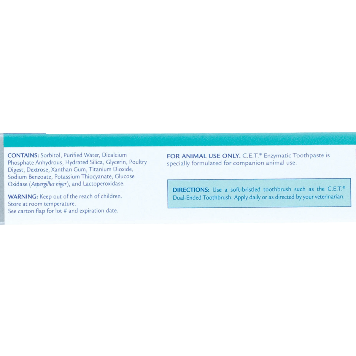 C.E.T.® Enzymatic Toothpaste,"Side view of toothpaste box with ingredients and directions panel"