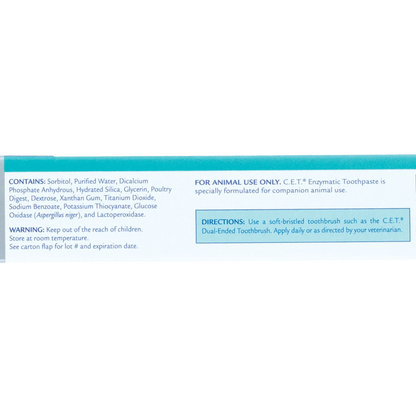 C.E.T.® Enzymatic Toothpaste,"Side view of toothpaste box with ingredients and directions panel"