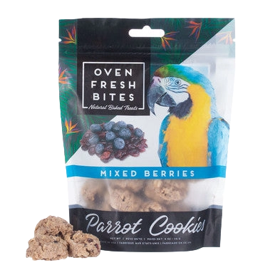 Caitec Oven Fresh Bites Parrot Cookies,"Stand-up treat pouch with parrot image and visible cookies"