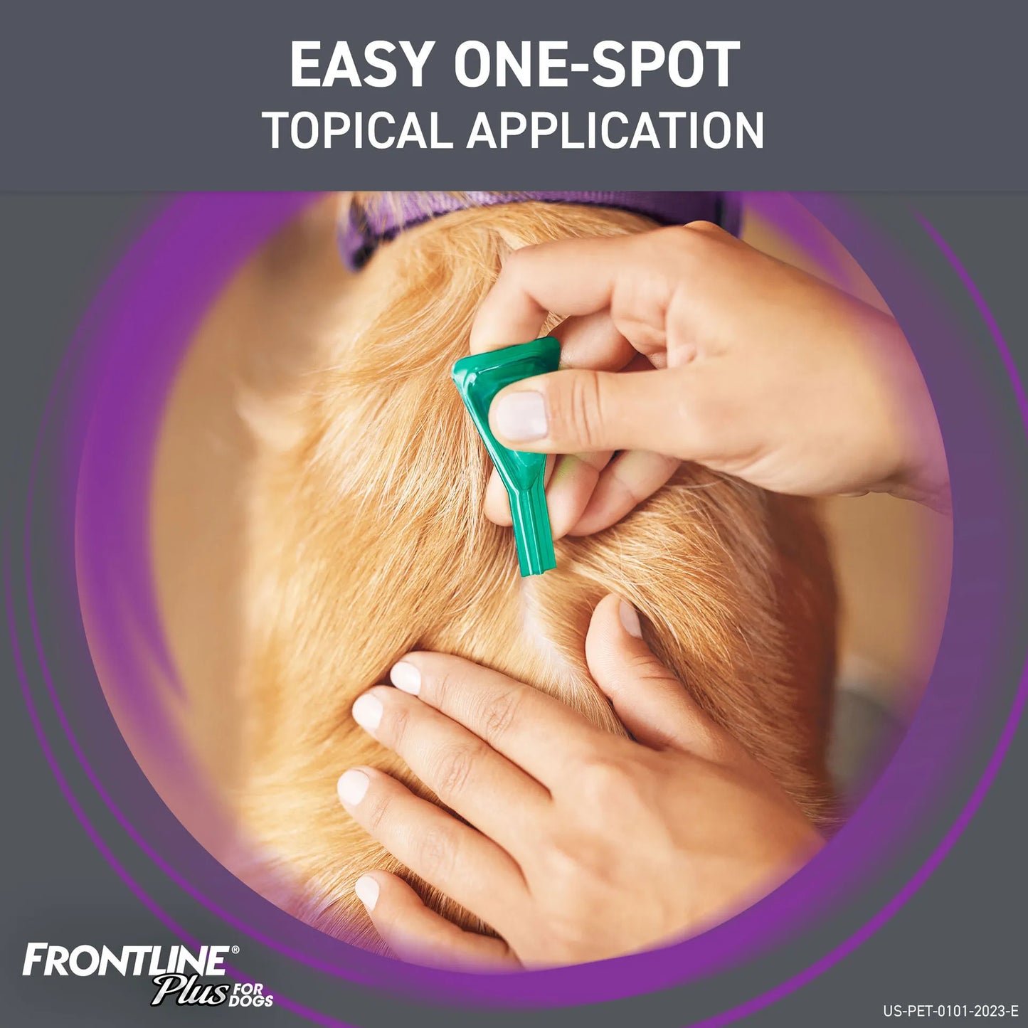 Frontline® Plus for Dogs,"Hand applying green topical applicator to parted dog fur"