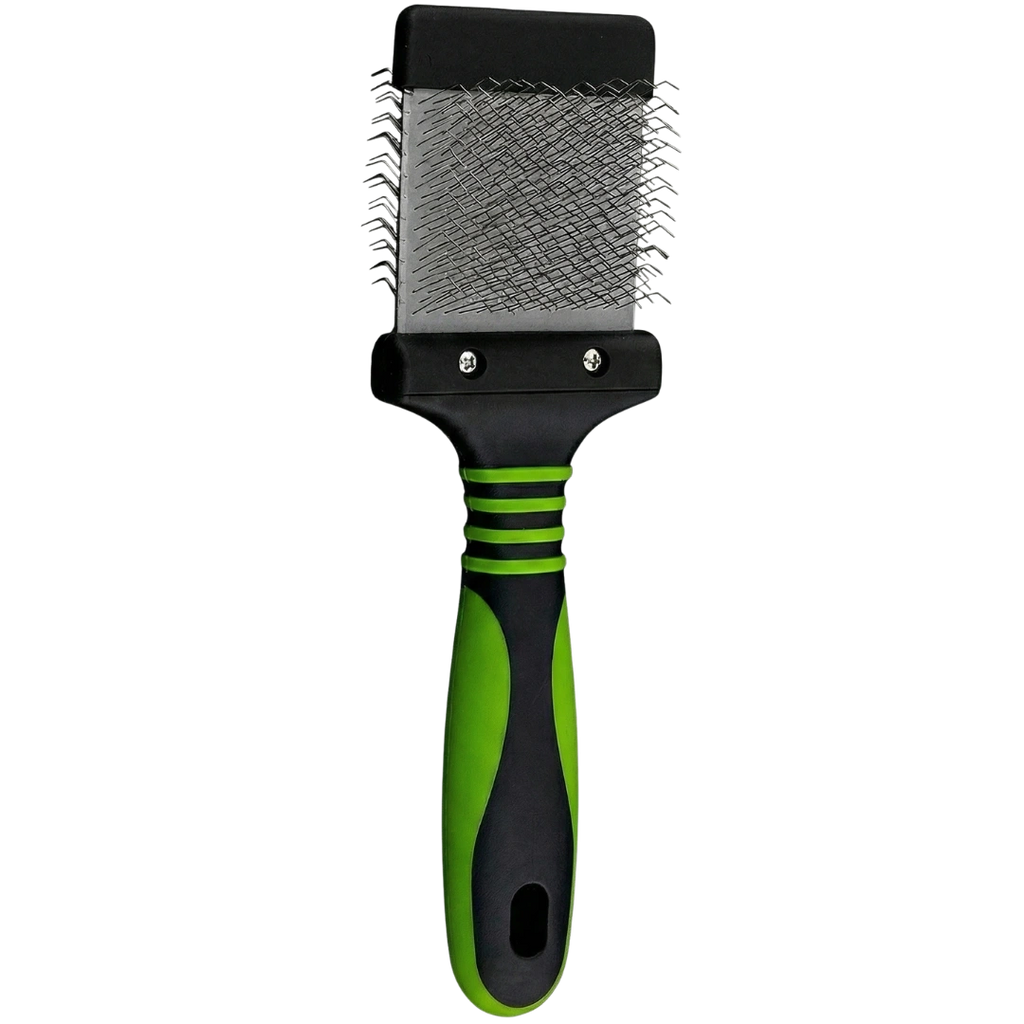 Mini Slicker Brush,"Rectangular brush with metal bristles and green black handle"