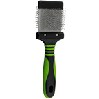 Mini Slicker Brush,"Rectangular brush with metal bristles and green black handle"