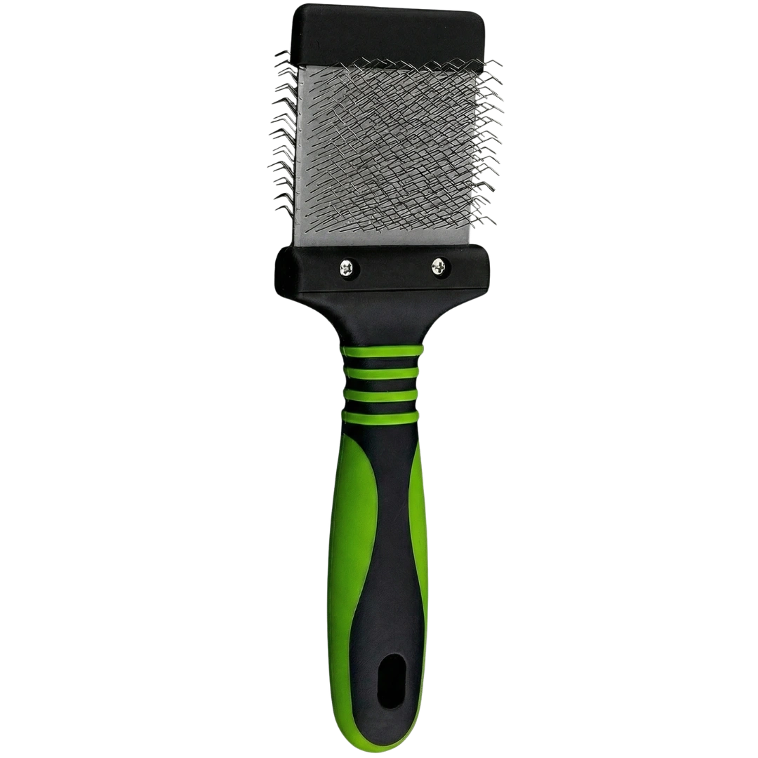 Mini Slicker Brush,"Rectangular brush with metal bristles and green black handle"