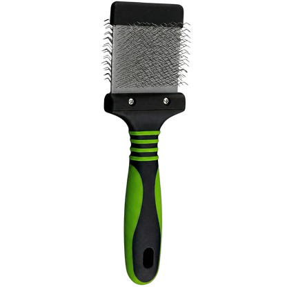 Mini Slicker Brush,"Rectangular brush with metal bristles and green black handle"
