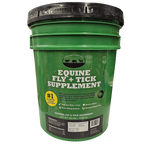 Equine Fly and Tick Supplement Bucket by Shield,"Green supplement bucket with black lid, front label view"