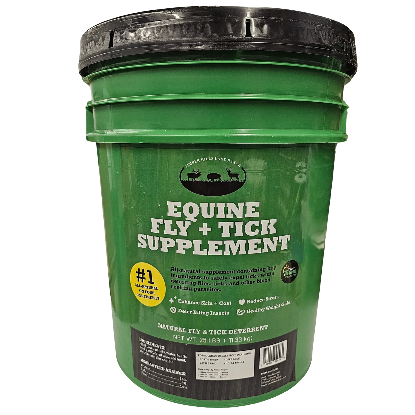 Equine Fly and Tick Supplement Bucket by Shield,"Green supplement bucket with black lid, front label view"
