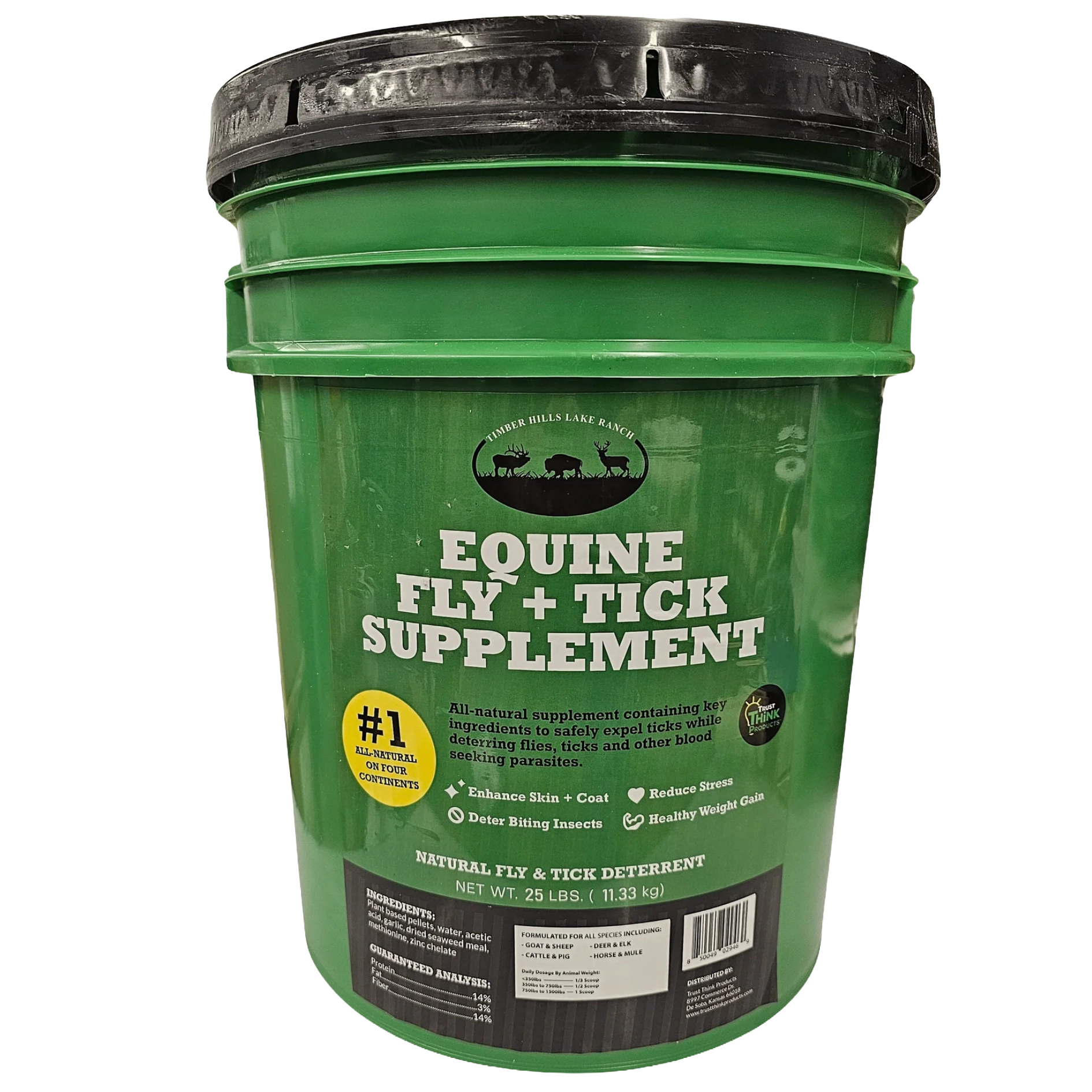 Equine Fly and Tick Supplement Bucket by Shield,"Green supplement bucket with black lid, front label view"