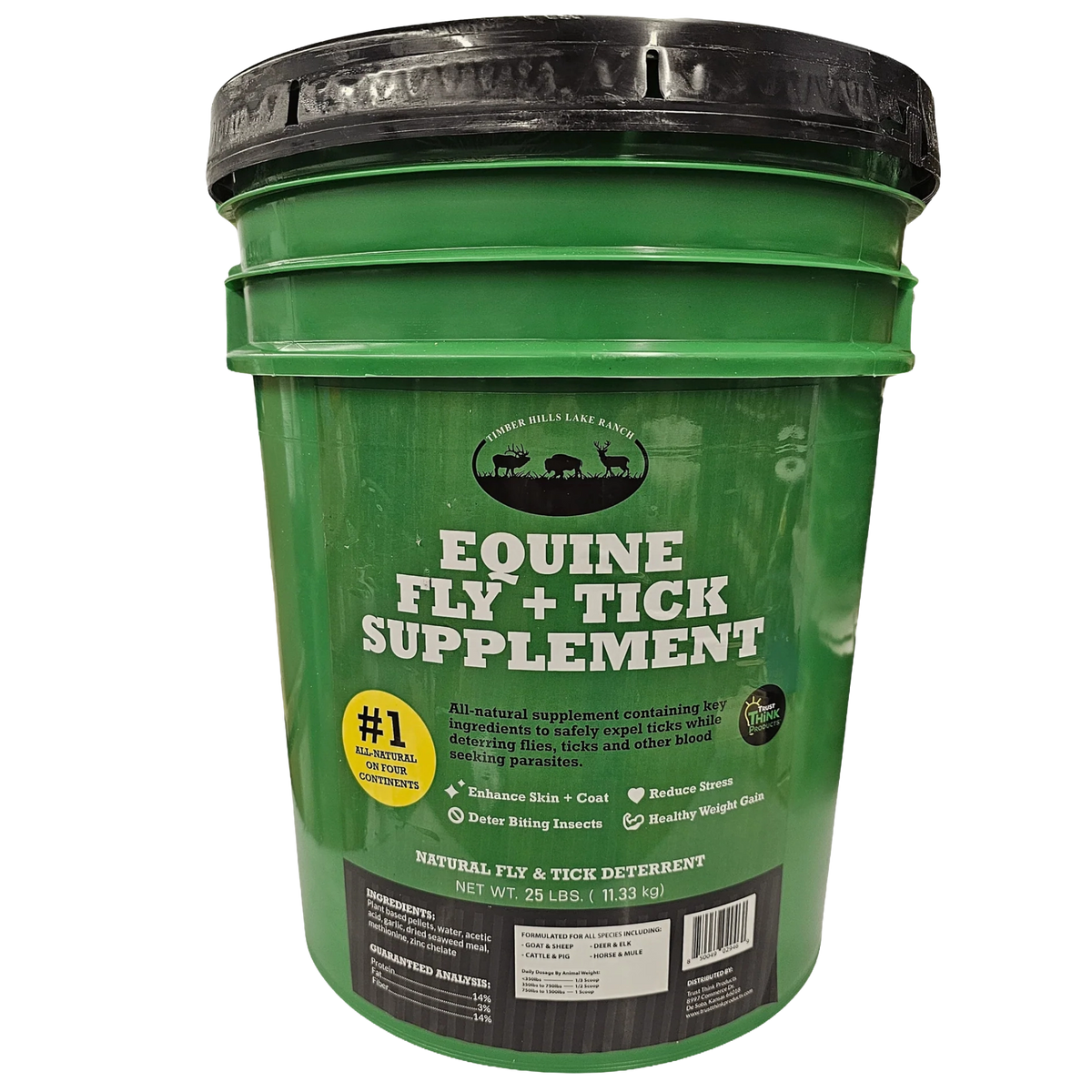 Equine Fly and Tick Supplement Bucket by Shield,"Green supplement bucket with black lid, front label view"
