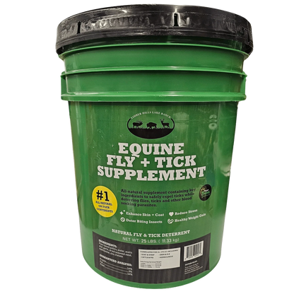 Equine Fly and Tick Supplement Bucket by Shield,"Green supplement bucket with black lid, front label view"