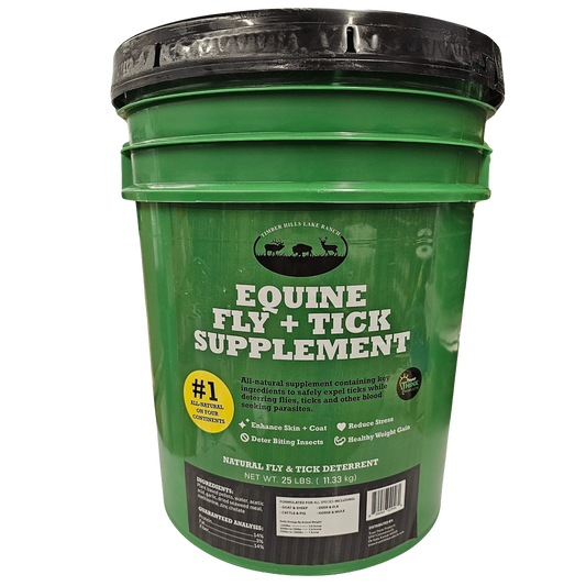 Equine Fly and Tick Supplement Bucket by Shield,"Green supplement bucket with black lid, front label view"
