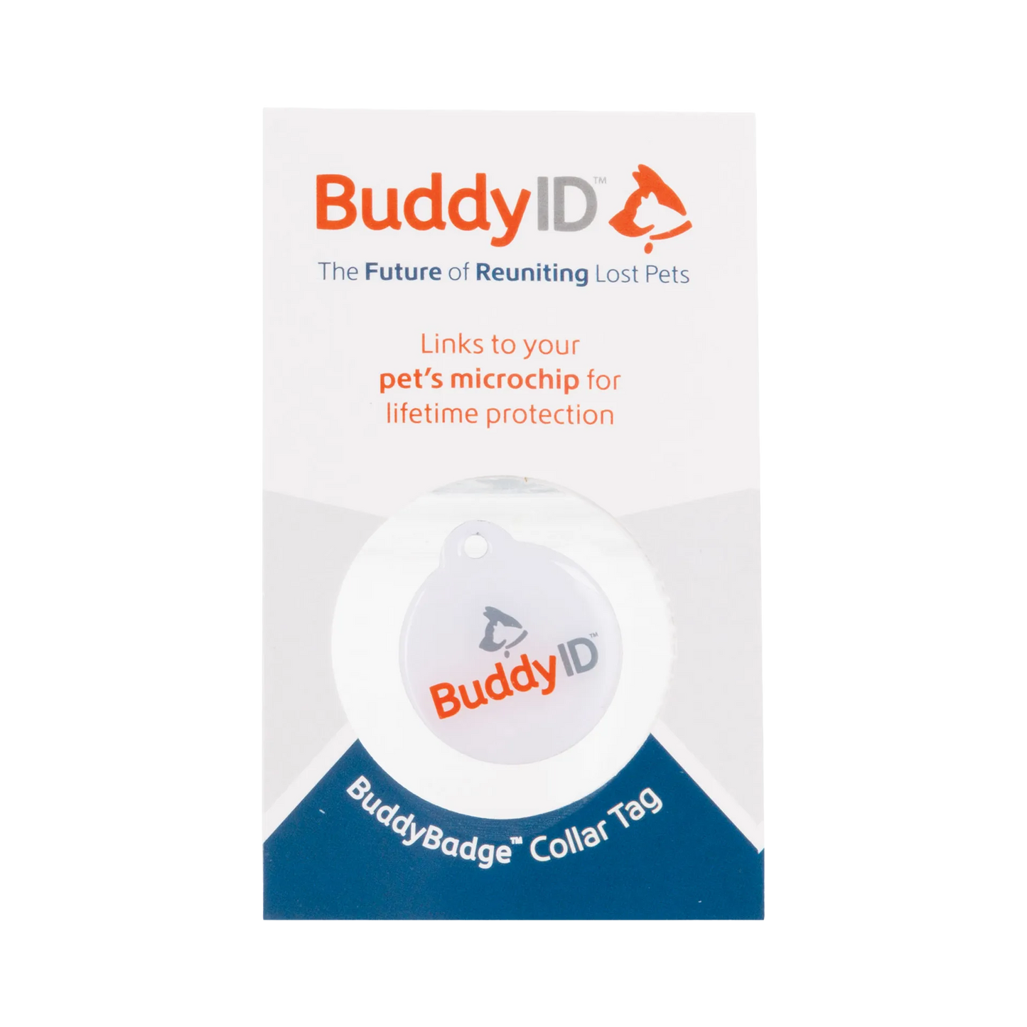 BuddyID® BuddyBadge® Collar Tag with Registration,"Round collar tag on retail card packaging"