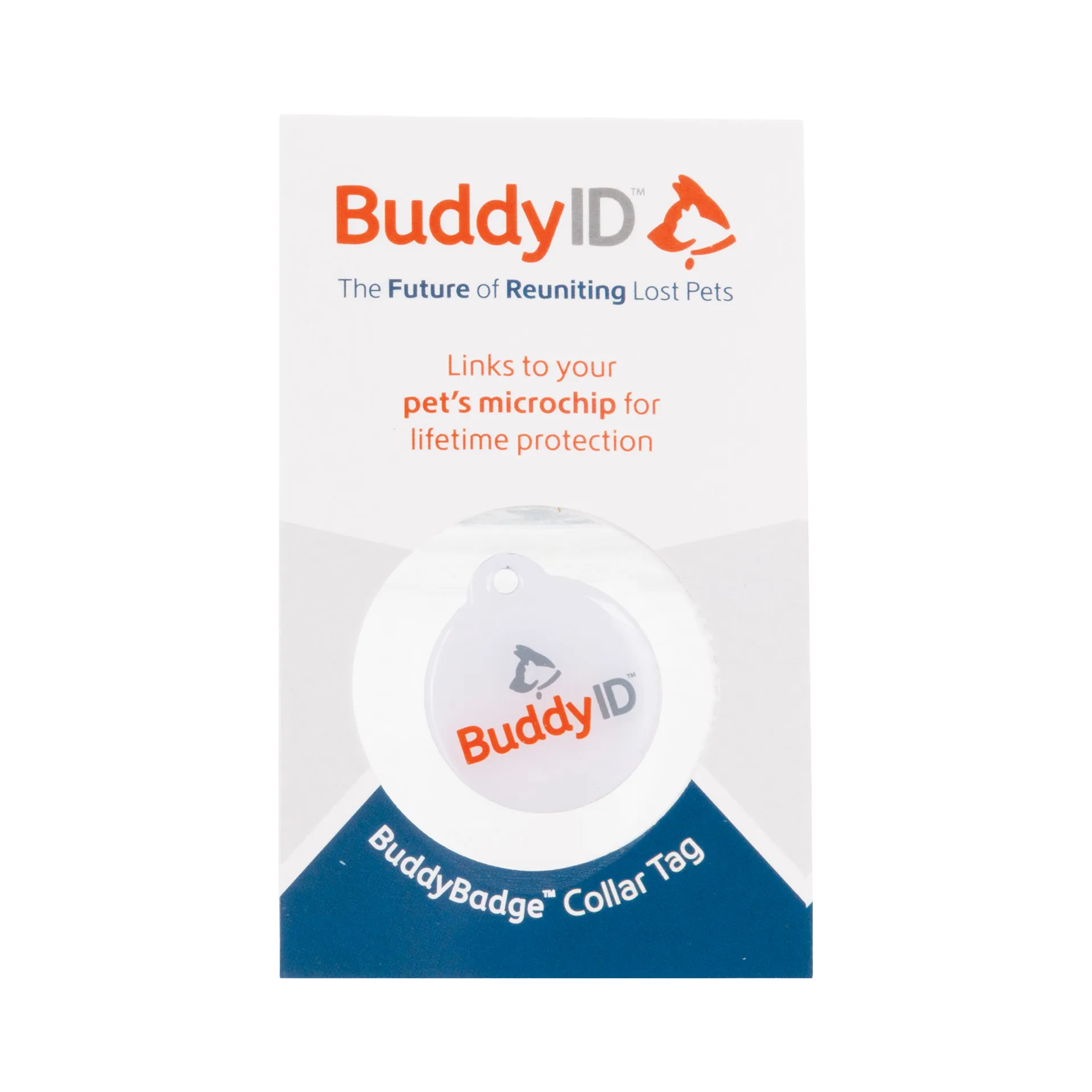 BuddyID® BuddyBadge® Collar Tag with Registration,"Round collar tag on retail card packaging"