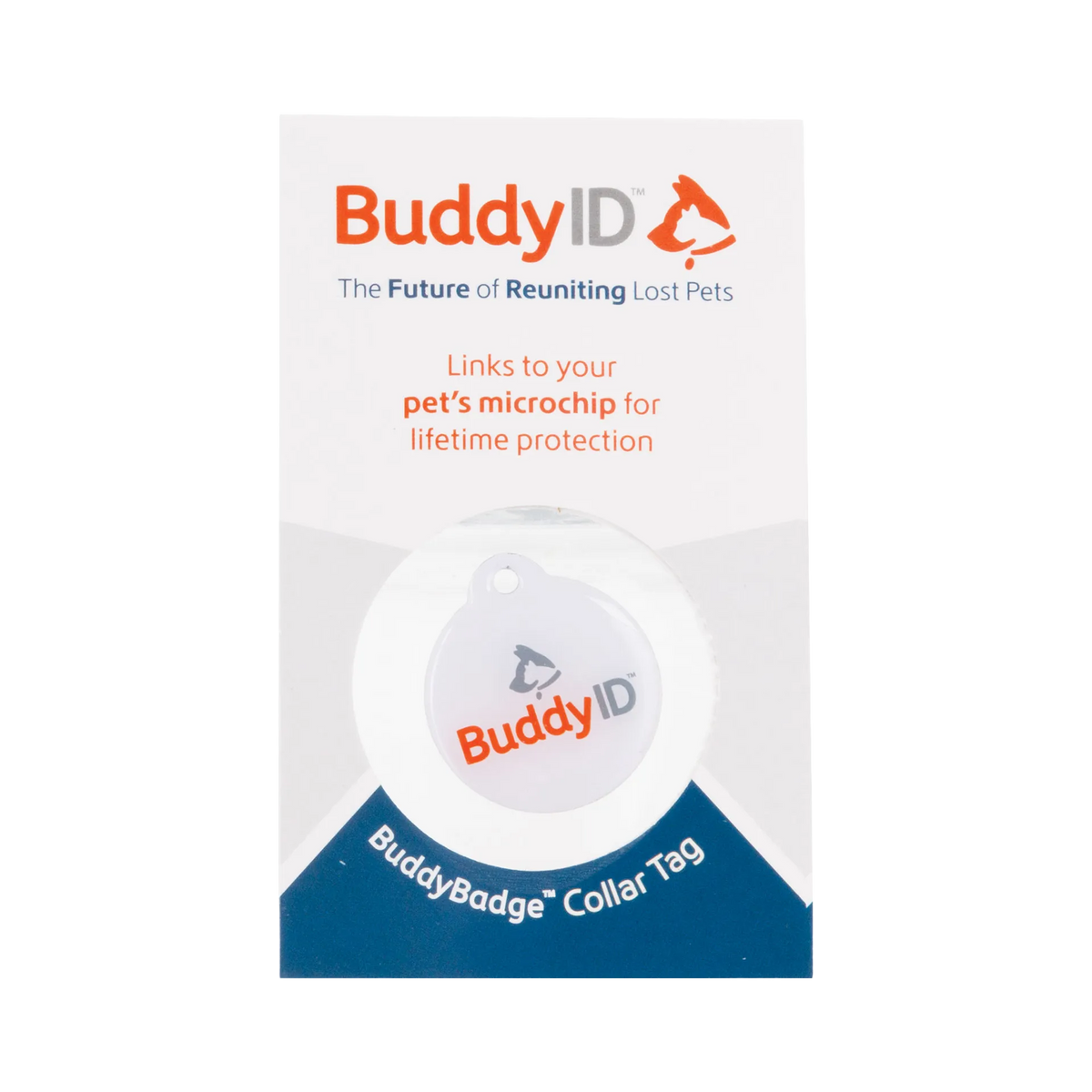 BuddyID® BuddyBadge® Collar Tag with Registration,"Round collar tag on retail card packaging"