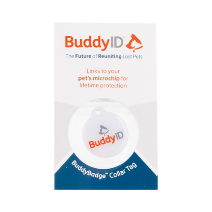 BuddyID® BuddyBadge® Collar Tag with Registration,"Round collar tag on retail card packaging"