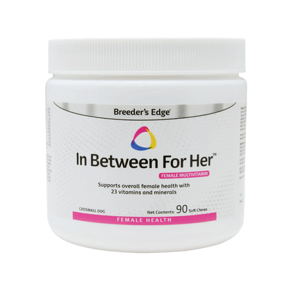 Breeder's Edge® In Between For Her™,"White supplement jar with ribbed screw-top lid"