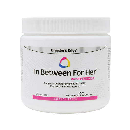 Breeder's Edge® In Between For Her™,"White supplement jar with ribbed screw-top lid"