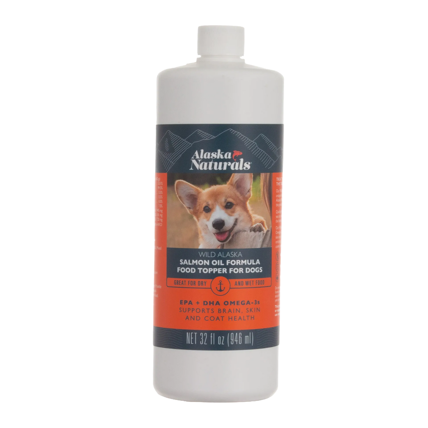 Alaska Naturals® Salmon Oil Formula,"Bottle with orange label and dog photo, front view"