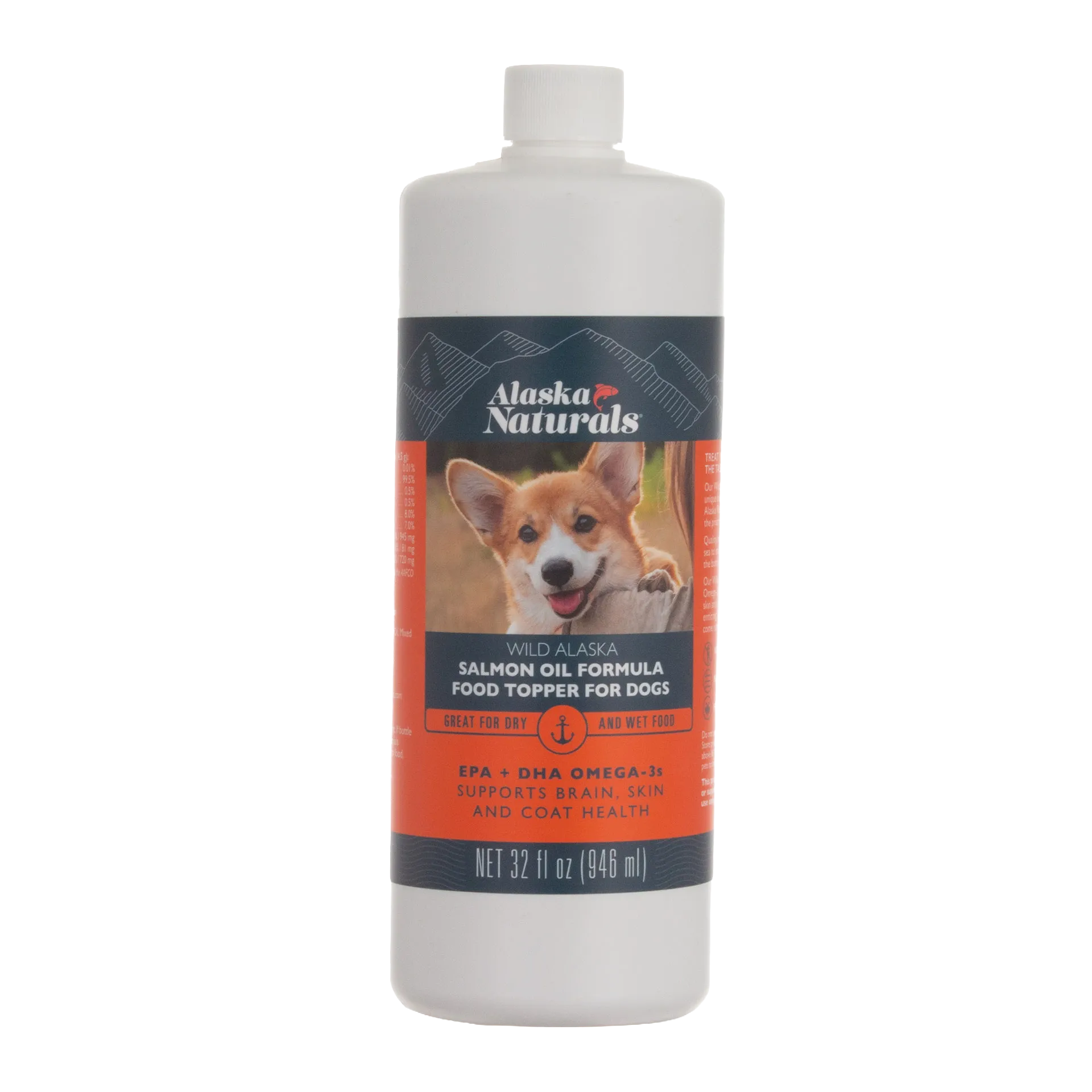 Alaska Naturals® Salmon Oil Formula,"Bottle with orange label and dog photo, front view"