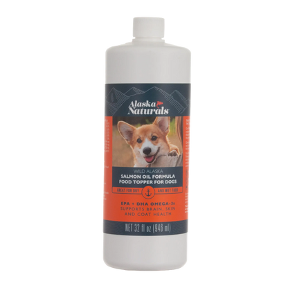 Alaska Naturals® Salmon Oil Formula,"Bottle with orange label and dog photo, front view"