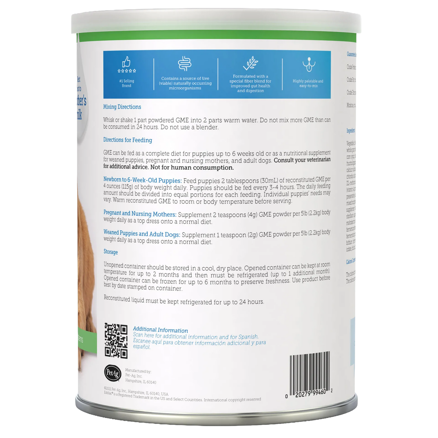 Goats Milk Esbilac® Puppies,"Back of powdered milk can with feeding directions and QR code"