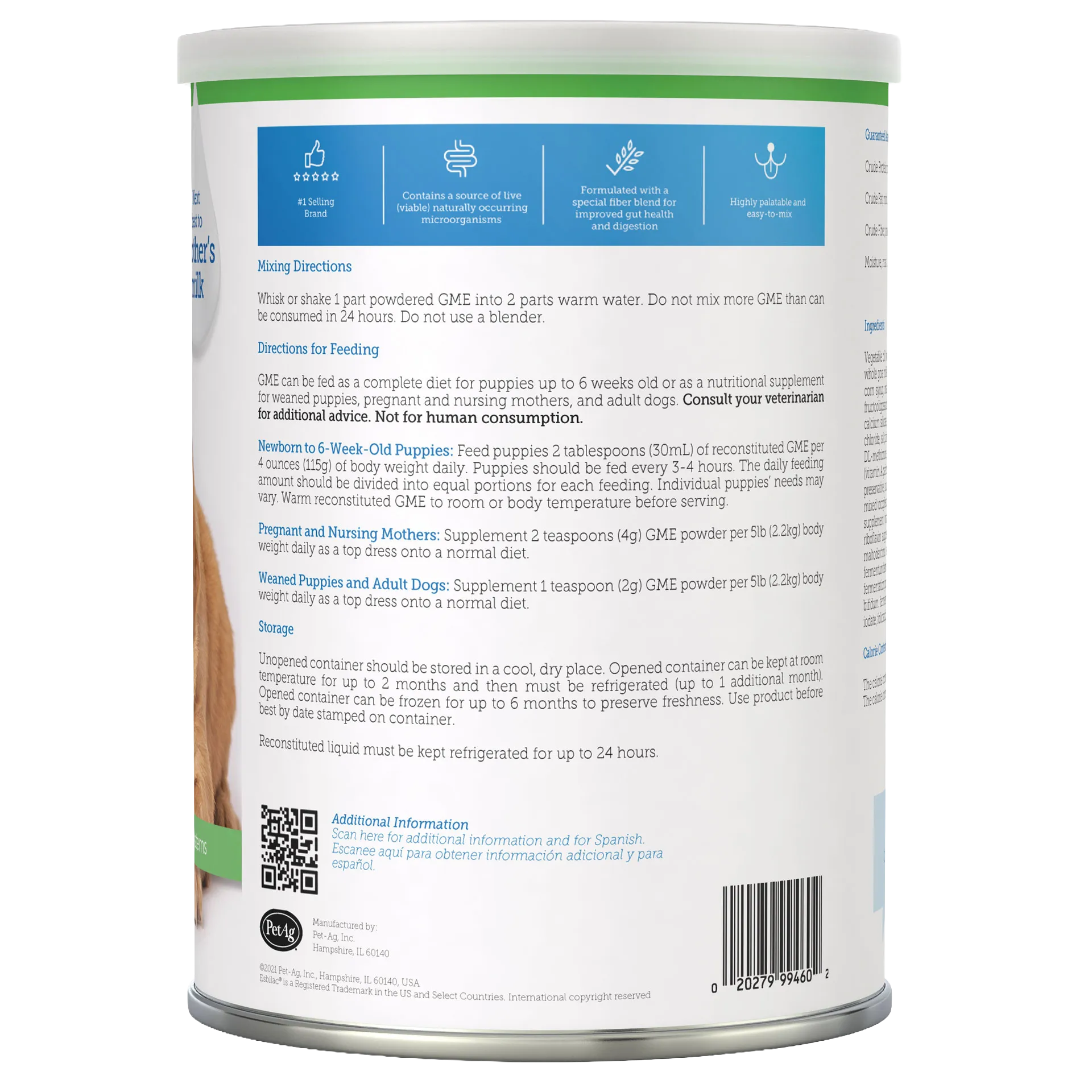 Goats Milk Esbilac® Puppies,"Back of powdered milk can with feeding directions and QR code"