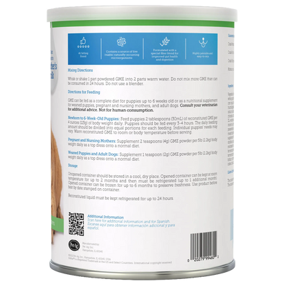 Goats Milk Esbilac® Puppies,"Back of powdered milk can with feeding directions and QR code"