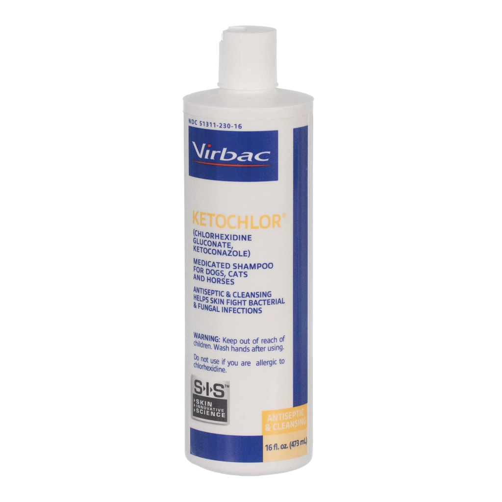 Ketochlor® Shampoo,"White shampoo bottle with ribbed flip-top cap, front label view"