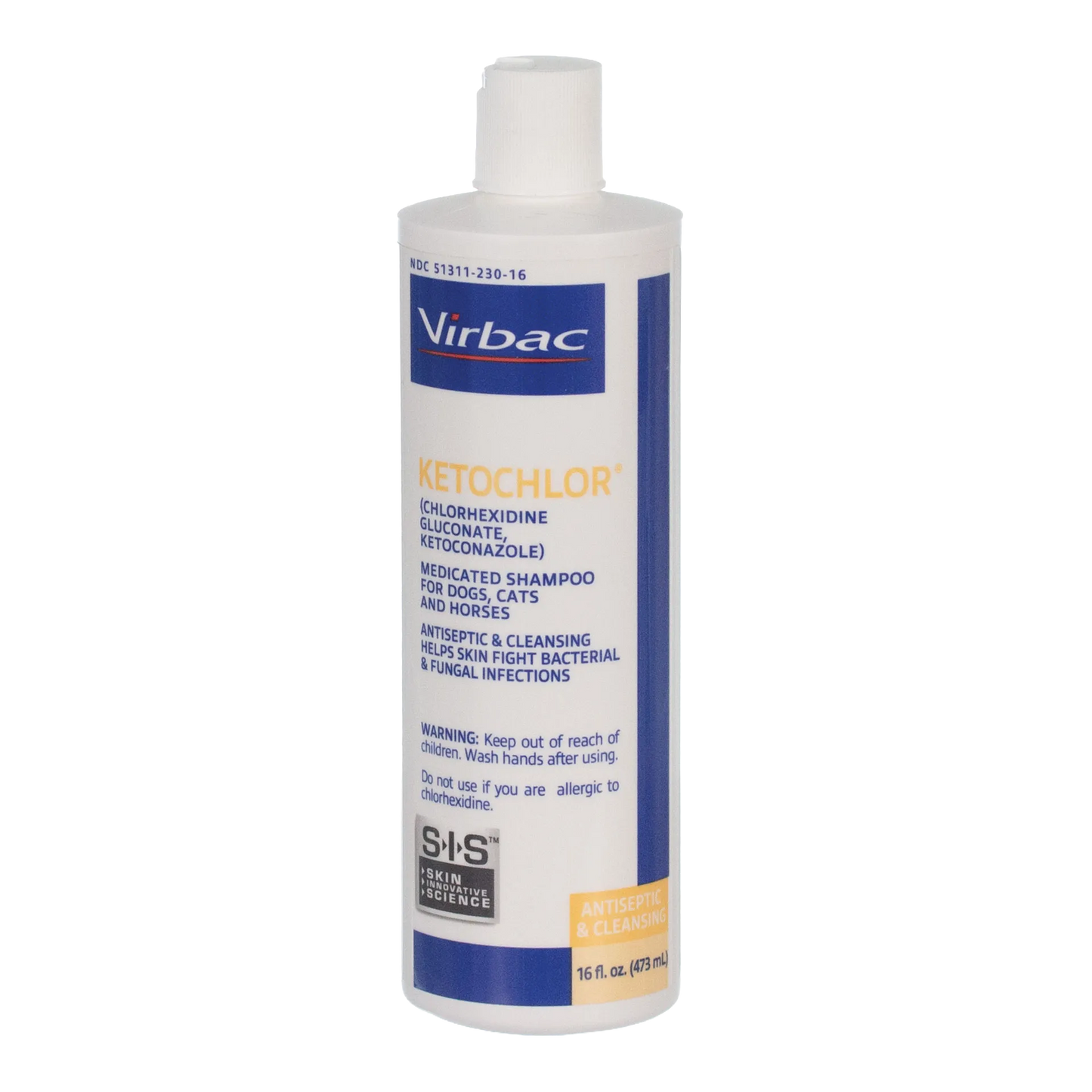 Ketochlor® Shampoo,"White shampoo bottle with ribbed flip-top cap, front label view"